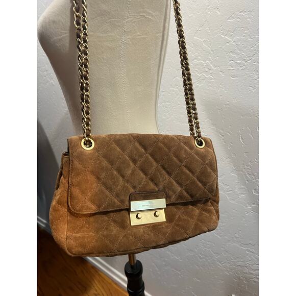 Michael Kors Quilted Suede Shoulder Bag with Gold Chain Strap Brown - Picture 1 of 13